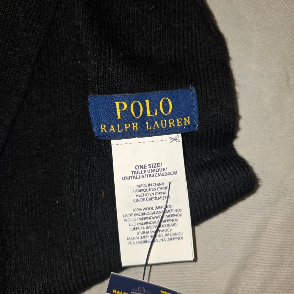 Polo Ralph Lauren Scarf OS Mens Black Merino Wool Embroidered Skier PC0278